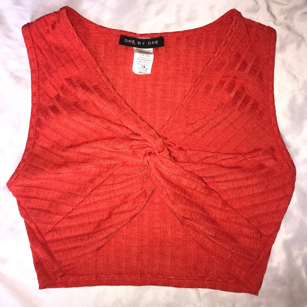 red cropped shirt